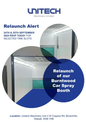 Unitech Machinery Open Day invitation for the relaunch of the Burntwood Car Spray Booth, 24–25 September 2025 in Brownhills, Walsall.