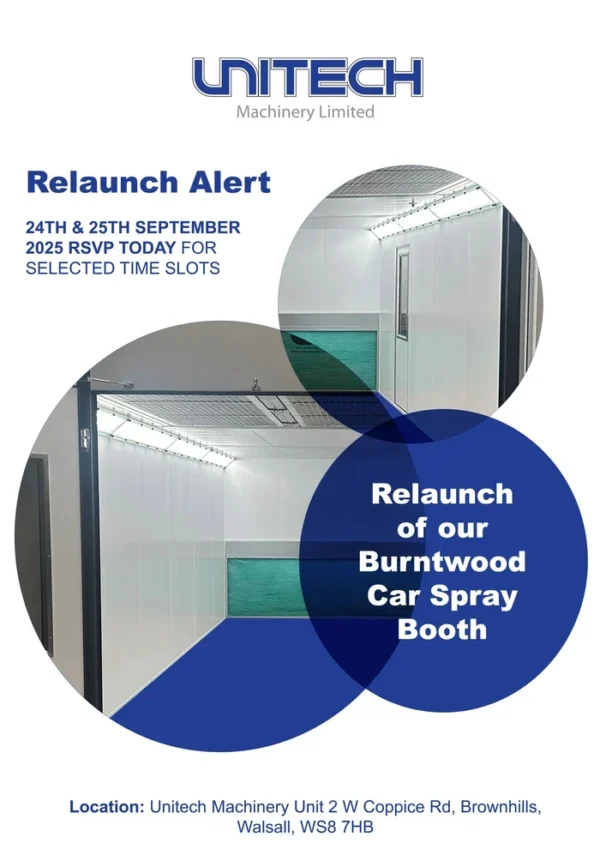 Unitech Machinery Open Day invitation for the relaunch of the Burntwood Car Spray Booth, 24–25 September 2025 in Brownhills, Walsall.