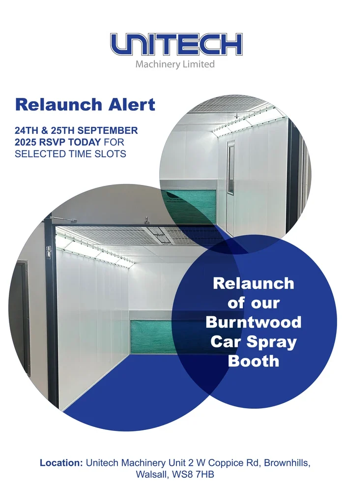 Unitech Machinery Open Day invitation for the relaunch of the Burntwood Car Spray Booth, 24–25 September 2025 in Brownhills, Walsall.